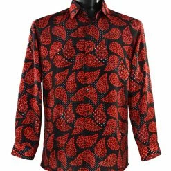 Bassiri Long Sleeve Button Down Casual Printed Men's Shirt - Leaf Pattern Black & Red #6401