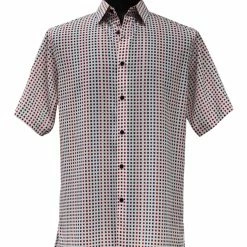 Bassiri Short Sleeve Button Down Casual Printed Men's Shirt - Square Pattern White & Red #64121