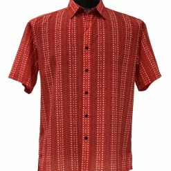Shirts Bassiri Short Sleeve Button Down Casual Printed Men's Shirt - Square Pattern Red #64131