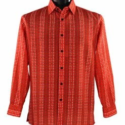 Bassiri Long Sleeve Button Down Casual Printed Men's Shirt - Square Pattern Red #6413 Shirts
