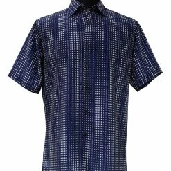 Bassiri Short Sleeve Button Down Casual Printed Men's Shirt - Square Pattern Navy #64151