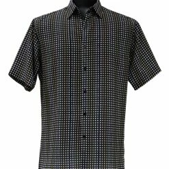Shirts Bassiri Short Sleeve Button Down Casual Printed Men's Shirt - Square Pattern Black #64161