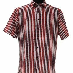Bassiri Short Sleeve Button Down Casual Printed Men's Shirt - Multi Stripe Pattern Red #64181 Shirts