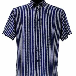 Bassiri Short Sleeve Button Down Casual Printed Men's Shirt - Multi Stripe Pattern Royal Blue #64191 Shirts