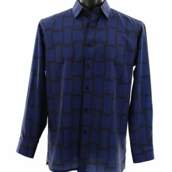 Bassiri Long Sleeve Button Down Casual Printed Men's Shirt - Geometric Pattern Royal Blue #6431 Shirts