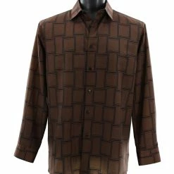 Shirts Bassiri Long Sleeve Button Down Casual Printed Men's Shirt - Geometric Pattern Brown #6432