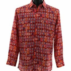 Shirts Bassiri Long Sleeve Button Down Casual Printed Men's Shirt - Geometric Pattern Red #6438
