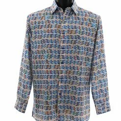 Shirts Bassiri Long Sleeve Button Down Casual Printed Men's Shirt - Geometric Pattern Blue #6439