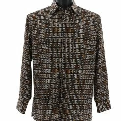 Shirts Bassiri Long Sleeve Button Down Casual Printed Men's Shirt - Geometric Pattern Brown #6440