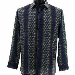 Shirts Bassiri Long Sleeve Button Down Casual Printed Men's Shirt - Circle Stripe Pattern Navy #6445