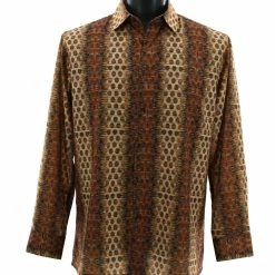 Shirts Bassiri Long Sleeve Button Down Casual Printed Men's Shirt - Circle Stripe Pattern Rust #6448