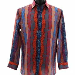 Shirts Bassiri Long Sleeve Button Down Casual Printed Men's Shirt - Wave Stripe Pattern Multi #6449