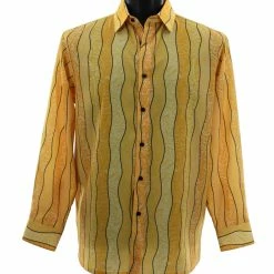 Bassiri Long Sleeve Button Down Casual Printed Men's Shirt - Wave Stripe Pattern Yellow #6450 Shirts