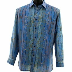 Shirts Bassiri Long Sleeve Button Down Casual Printed Men's Shirt - Wave Stripe Pattern Blue #6452