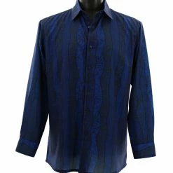 Shirts Bassiri Long Sleeve Button Down Casual Printed Men's Shirt - Wave Stripe Pattern Navy #6453