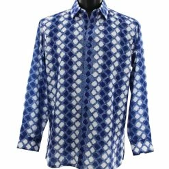 Shirts Bassiri Long Sleeve Button Down Casual Printed Men's Shirt - Harlequin Pattern Royal Blue #6456