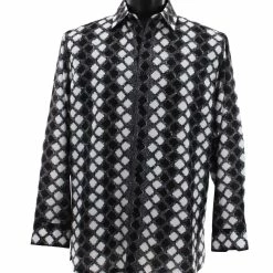 Shirts Bassiri Long Sleeve Button Down Casual Printed Men's Shirt - Harlequin Pattern Black #6457