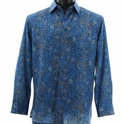 Bassiri Long Sleeve Button Down Casual Printed Men's Shirt - Cheetah Pattern Blue #6461 Shirts