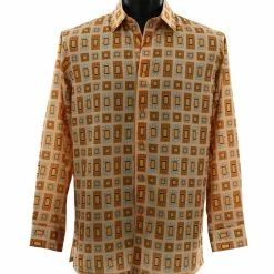 Shirts Bassiri Long Sleeve Button Down Casual Printed Men's Shirt - Geometric Pattern Peach #6465