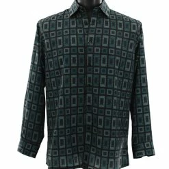 Shirts Bassiri Long Sleeve Button Down Casual Printed Men's Shirt - Geometric Pattern Emerald Green #6466