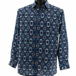 Shirts Bassiri Long Sleeve Button Down Casual Printed Men's Shirt - Geometric Pattern Blue #6467