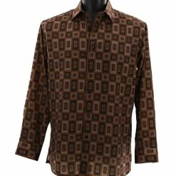Bassiri Long Sleeve Button Down Casual Printed Men's Shirt - Geometric Pattern Brown #6468