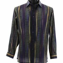 Shirts Bassiri Long Sleeve Button Down Casual Printed Men's Shirt - Ikat Stripe Pattern Purple #6471