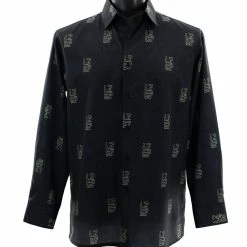 Bassiri Long Sleeve Button Down Casual Printed Men's Shirt - Greek Key Pattern Black #6473 Shirts