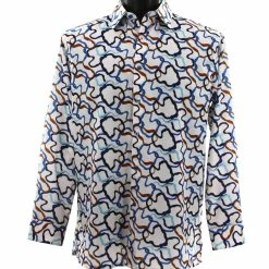 Bassiri Long Sleeve Button Down Casual Printed Men's Shirt - Squiggles Pattern Blue #6476 Shirts