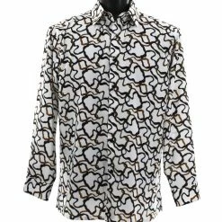 Shirts Bassiri Long Sleeve Button Down Casual Printed Men's Shirt - Squiggles Pattern Gold #6477