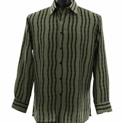Bassiri Long Sleeve Button Down Casual Printed Men's Shirt - Stripe Pattern Olive #6485