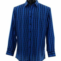 Shirts Bassiri Long Sleeve Button Down Casual Printed Men's Shirt - Stripe Pattern Royal Blue #6486
