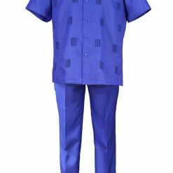 Bassiri 2pc Set Men's Short Sleeve Walking Suit - Wave Lines Pattern Royal Blue #A 128
