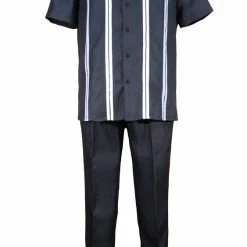2pc Sets Bassiri 2pc Set Men's Short Sleeve Walking Suit - Stripe Pattern Black #A 129