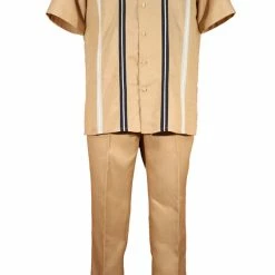 2pc Sets Bassiri 2pc Set Men's Short Sleeve Walking Suit - Stripe Pattern Gold #A 129
