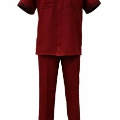 Bassiri 2pc Set Men's Short Sleeve Walking Suit - Greek Key Pattern Red #A 132 2pc Sets