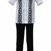 Bassiri 2pc Set Men's Short Sleeve Walking Suit - Greek Key Pattern White & Black #A 135 2pc Sets