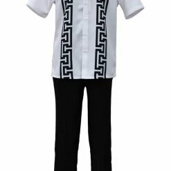 Bassiri 2pc Set Men's Short Sleeve Walking Suit - Greek Key Pattern White & Black #A 135 2pc Sets