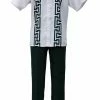 2pc Sets Bassiri 2pc Set Men's Short Sleeve Walking Suit - Greek Key Pattern White & Emerald Green #A 135