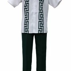 2pc Sets Bassiri 2pc Set Men's Short Sleeve Walking Suit - Greek Key Pattern White & Emerald Green #A 135