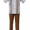 Bassiri 2pc Set Men's Short Sleeve Walking Suit - Greek Key Pattern White & Gold #A 135