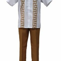 Bassiri 2pc Set Men's Short Sleeve Walking Suit - Greek Key Pattern White & Gold #A 135