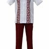 2pc Sets Bassiri 2pc Set Men's Short Sleeve Walking Suit - Greek Key Pattern White & Red #A 135