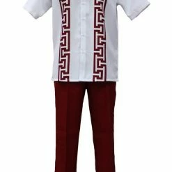 2pc Sets Bassiri 2pc Set Men's Short Sleeve Walking Suit - Greek Key Pattern White & Red #A 135