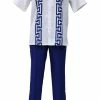 2pc Sets Bassiri 2pc Set Men's Short Sleeve Walking Suit - Greek Key Pattern White & Royal Blue #A 135