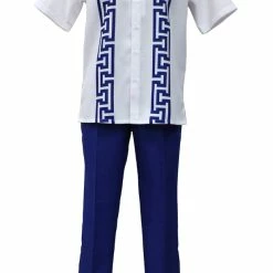 2pc Sets Bassiri 2pc Set Men's Short Sleeve Walking Suit - Greek Key Pattern White & Royal Blue #A 135