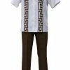2pc Sets Bassiri 2pc Set Men's Short Sleeve Walking Suit - Greek Key Pattern White & Toast #A 135