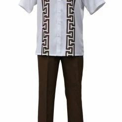 2pc Sets Bassiri 2pc Set Men's Short Sleeve Walking Suit - Greek Key Pattern White & Toast #A 135