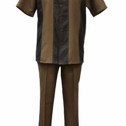 2pc Sets Bassiri 2pc Set Men's Short Sleeve Walking Suit - Square Swirl Pattern Toast #A 137