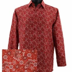 Shirts Sangi Long Sleeve Button Down Casual Printed Men's Shirt - Paisley Pattern Red #FM 46